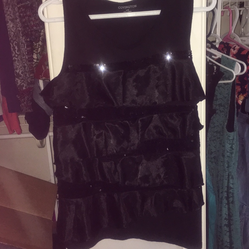 Black Sequin Ruffle Tank Top